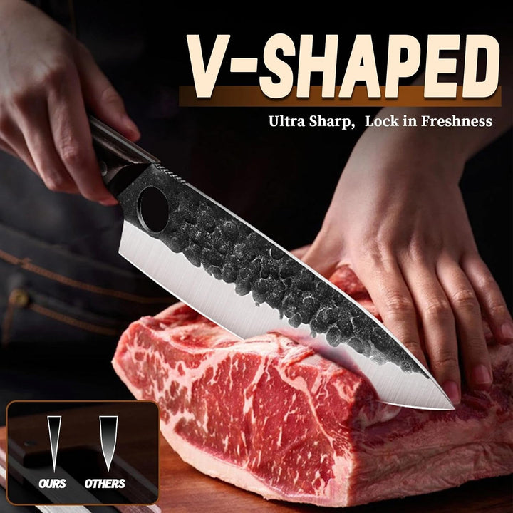 7 PCS Japanese Chef Knife Set with Roll Bag, Gifts for Men | Hand Forged Butcher Knife Set with Sharpening Rod and Poultry Shears for BBQ Camping Kitchen, Gifts for Men Women+2