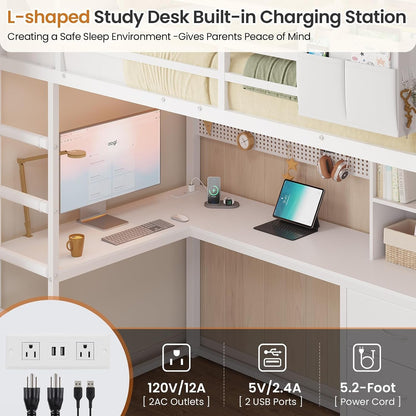 Loft Bed Twin Size with L-Shaped Desk,Bookshelf and Charging Station Metal Twin Loft Bed with 6 Storage Drawers,Open Shelves and Hutch,Loft Twin Beds with Led Lights and Safety Guardrail,White6