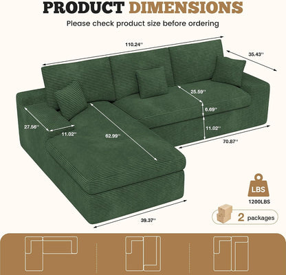 111" Modular Sectional Sofa for Living Room, Convertible L-Shape Couch with Ottoman,Cloud Boneless Couch with Layered Cushion,Green Corduroy2