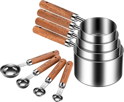 Wooden Handle Measuring Cups & Spoons Set 8-Piece – Stainless Steel, Stackable, Rustic Farmhouse Kitchen Gadgets, Non-Toxic, Dishwasher Safe, Gift for Bakers & New Homeowners.1
