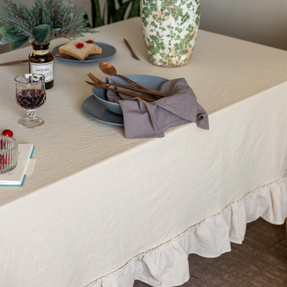 Retro Farmhouse Ruffle Tablecloth Cotton Flounces Trim Washable Table Cover Tablecloths for Rectangle Table Baby Shower Kitchen Party Wedding Decor, 52''X70''3
