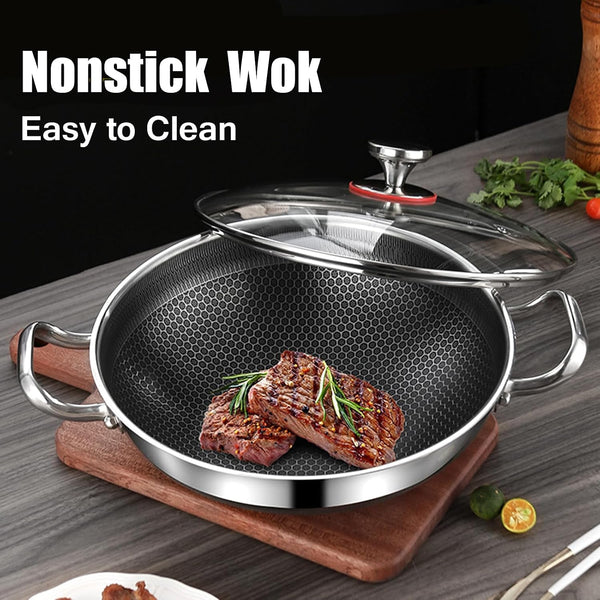 Wok Pan, Hybrid Nonstick Wok with Lid, Non Stick Stainless Steel Large Deep Woks&Stir-Fry Pans,Stay-Cool Handle Skillets,Pfoa Free Cookware, Works on Induction,14.17In3