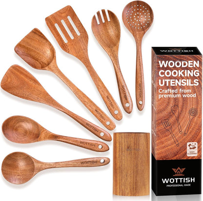 Wooden Spoons for Cooking - 8-Piece Wooden Kitchen Utensil Set Made of Natural Solid Wood Material-Includes Spoons,Spatulas,Ladles,Mixing Spoon and Utensil Holder,Valentine'S Day Gifts9