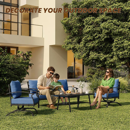 4 Piece Patio Furniture Set,Outdoor Metal Patio Furniture with Coffee Table & Rocking Chairs Conversation Set for Porch,Backyard,Poolside, Garden-Darkblue2