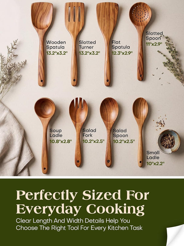 Teak Wood 8-Piece Wooden Kitchen Utensils Set, Wooden Spoons for Cooking, Smooth Wood Spatula Set for Nonstick Cookware, Daily Cooking, Housewarming Gift6
