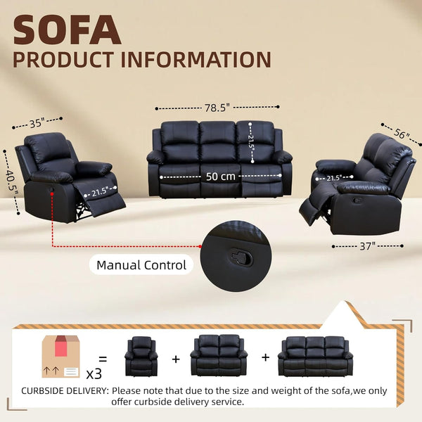 Manual Reclining Sofa Set, 2-Piece Living Room Furniture Set, Recliner Couch Loveseat，Faux Leather Sofa Set for Living Room/Apt/Home Theater/Office2