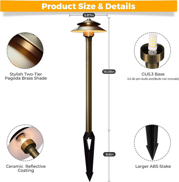 Solid Brass Low Voltage Landscape Pathway Lights (6'' Shade, 19'' Tall), 12V LED Heavy Duty Path Lighting Outdoor Wired, Waterproof Antique Bronze Walkway Light without G4 Bulb, 4 Pack4