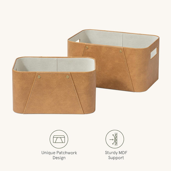 Faux Leather Storage Baskets for Organizing, Camel 2 Pack5