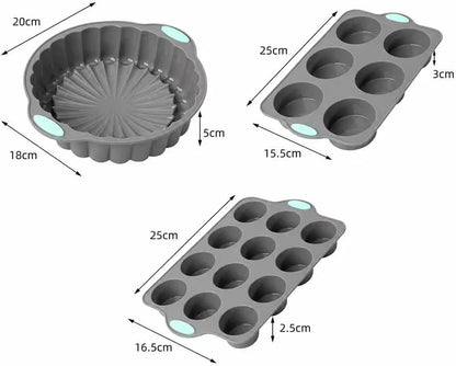 Gray Green Silicone Bakeware Set of 3, round Flower Pan 6 & 12 Cavity Pastry Trays for Household Baking7