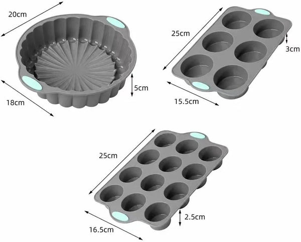 Gray Green Silicone Bakeware Set of 3, round Flower Pan 6 & 12 Cavity Pastry Trays for Household Baking7