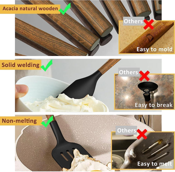 Silicone Cooking Utensil Set,  8-Piece Kitchen Utensils Set with Natural Acacia Wooden Handles,Food-Grade-Silicone Kitchen Gadgets Spatulas Set for Nonstick Cookware- Black6