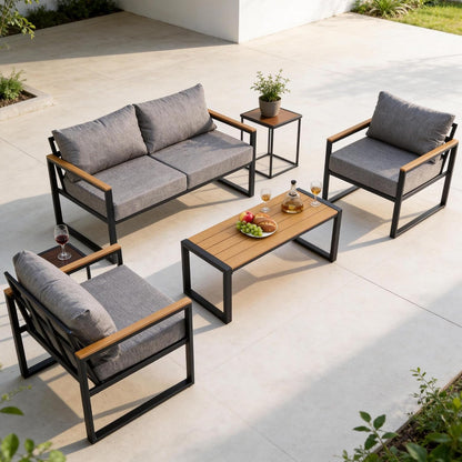 4-Piece Metal Patio Conversation Set, Deep Seating Outdoor Sofa with Coffee Table, Modern Small Space Furniture for Backyard, Deck, Poolside, Porch (Gray)1