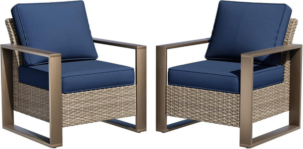 Patio Metal Wicker Chairs Set of 2, All Weather Outdoor Rattan Dining Chairs with Rectangular Framed Wood-Looking Armrest & Fade-Resistant Cushions for Deck Balcony Backyard, Dark Blue1