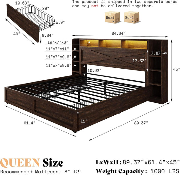 45'' Farmhouse Queen Bed Frame with Headboard & Storage, Walnut2