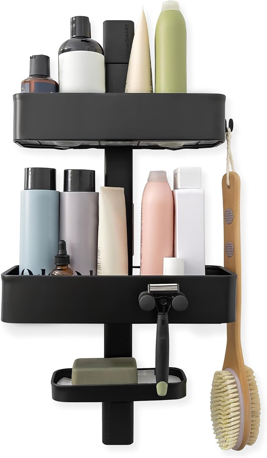 shower-caddy-adjustable-shelves-magnetic-hooks-black