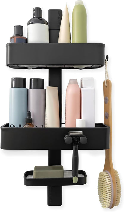 Shower Caddy, Adjustable Shelves, Magnetic Hooks, Black1