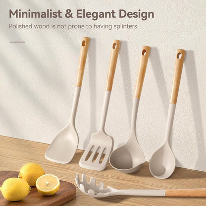 6-Pcs Silicone Kitchen Utensils Set Wood Handle Bpa-Free Food Grade6