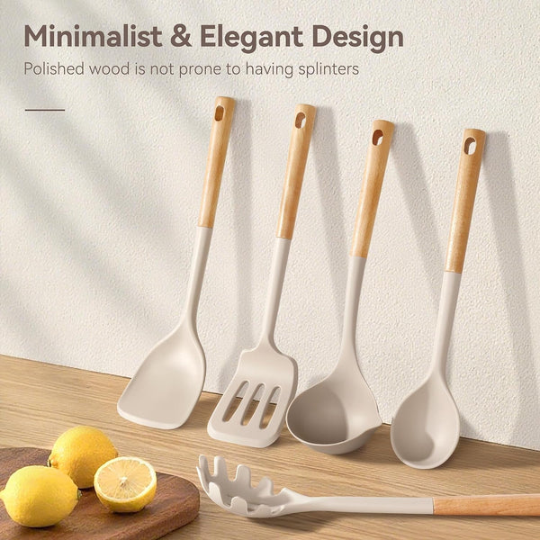 6-Pcs Silicone Kitchen Utensils Set Wood Handle Bpa-Free Food Grade6