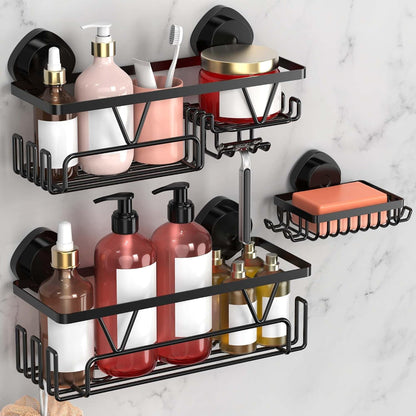 Shower Caddy Suction Cup, 3 Pack Removable Shower Shelves with Hooks & Soap Holder, No Drilling Bathroom Organizer, Waterproof Suction Storage for inside Shower, Black1