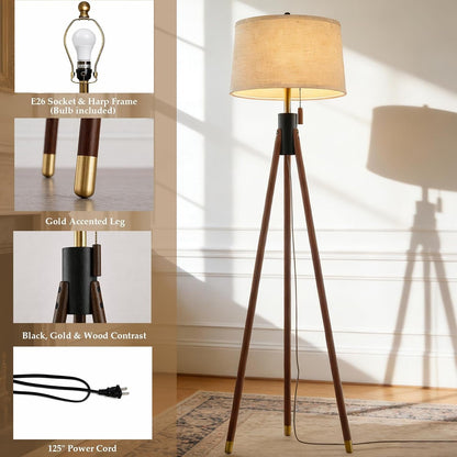Mid Century Tripod Floor Lamp with Pull Chain,Black & Gold Finish | Two-Tone Solid Wood Design,Linen Tapered Drum Shade,Tall Standing Lamp for Living Room,Bedroom & Reading Corner,Bulb Included4