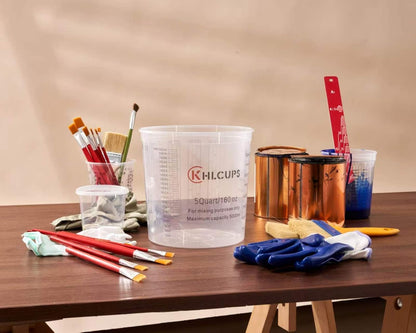 12 Pcs Cups and 4 Lids 160 Oz Graduated Paint Mixing Cups 5 Quart Disposable Clear Paint Mixing Bucket Plastic Epoxy Measuring Cups with Ratios on Side of Cup for Resin, Epoxy, Art6