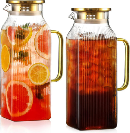 2 Pack 2 Liter/68 Oz Square Glass Pitcher with Lid, Classic Stripes Water Pitchers with Handle for Fridge, Large Jug for Iced Tea, Coffee, Borosilicate Glass Carafe for Hot/Cold Brew Drink, Gold1