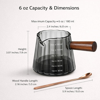 2 Pack Espresso Measuring Cups, 6 Oz Grey Glass with Wood Handles2