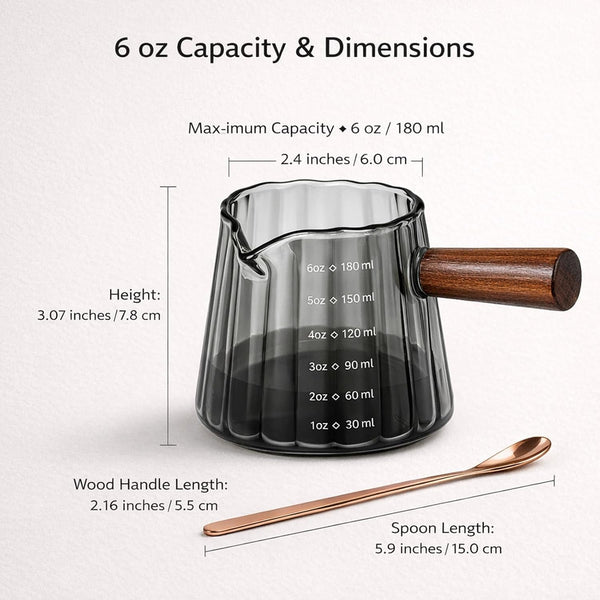 2 Pack Espresso Measuring Cups, 6 Oz Grey Glass with Wood Handles2