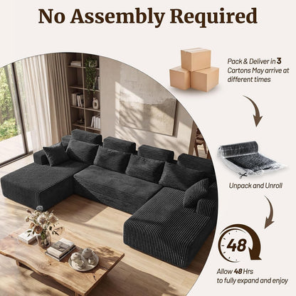 Boneless Couches for Living Room - 134" Modular Sectional Sofa U Shaped Oversized Deep Seat High Back Corduroy No Assembly Modern Cloud Big Comfy Floor Couches (Black)6