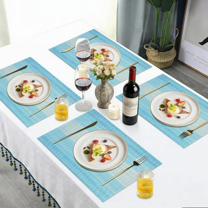 Blue Placemats Set of 6, Linen Woven Place Mats for Kitchen Table Indoor/Outdoor, 12" X 18" Washable Gradient Blue Placemat Dining Table Mats6