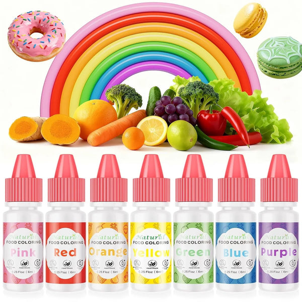 Natural Food Coloring,  7 Vibrant Liquid Colors for Easter Egg Baking, FD&C & Artificial Dye Free Edible Dye Formula for Cake Cookie Decorating, Buttercream, Frosting & Slime, 6Ml Dropper Bottles1