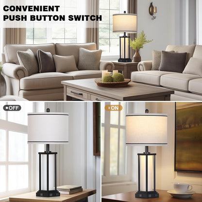 27" Tall Vintage Table Lamp Set of 2 with USB C+A & Outlet,Black Industrial End Table Lamp for Living Room,Farmhouse Rustic Bedside Lamps with Frosted Glass Night Light for Bedroom Nightstand,Black4