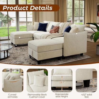 112" Modular Sectional Sofa U Shape Couches with Storage Ottoman and Washable Cushion Cover for Living Room, Bedroom, Apartment(Beige)6