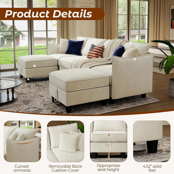 112" Modular Sectional Sofa U Shape Couches with Storage Ottoman and Washable Cushion Cover for Living Room, Bedroom, Apartment(Beige)6