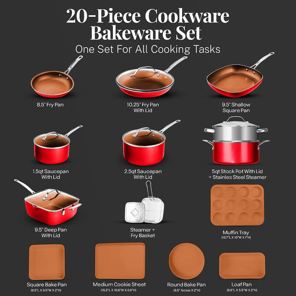 20 Pc Pots and Pans Set Nonstick Cookware + Bakeware Set, Complete Ceramic for Kitchen, Non Stick with Lids, Dishwasher / Oven Safe, Toxic - Red2