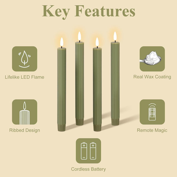 Olive Green Ribbed Flameless Taper Candles with Remote Set of 43