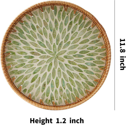 Round Rattan Tray with Mother of Pearl Inlay, Rattan Serving Tray with Wooden Base, Decorative Wicker Basket for Table Decor, Storage and Display of Coffee Bread Food Fruit (Leaf)6