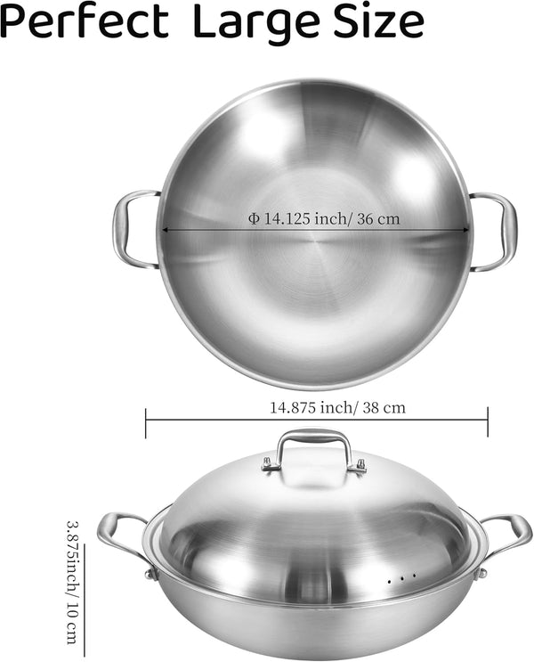 14.5 Inch Stainless Steel Wok with Steel Lid | Jumbo Cooker | Dual Handles | Large | Uncoated Tri-Ply Stir Fry Pan | Everyday Cooking Wok for Induction | Flat Bottom | PFOA-FREE | 6-8 Servings ﻿6