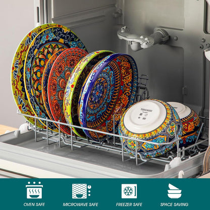 24-Piece Dinnerware Sets,Plates & Bowls Sets Service for 6, Bohemian Porcelain Dishes Set for 6, Kitchen Dinner Set,Microwave & Dishwasher Safe, Scratch Resistant,Series KRVI4