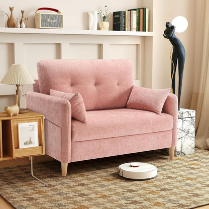 47" Small Sofa Couch for Bedroom, Soft Chenille Loveseat Mini Couch with Throw Pillow and Removable Cushion Cover for Small Spaces, Living Room, Apartment, Dorm, Office(Pink)1