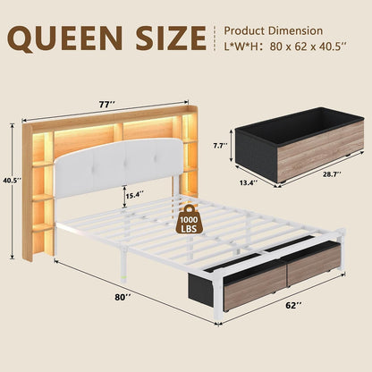 Queen Size Bed Frame with Storage & Upholstered Headboard, 2 Fabric Drawers, Charging Station & RGB LED Lights, Metal Platform Bed, No Box Spring Needed, Natural2