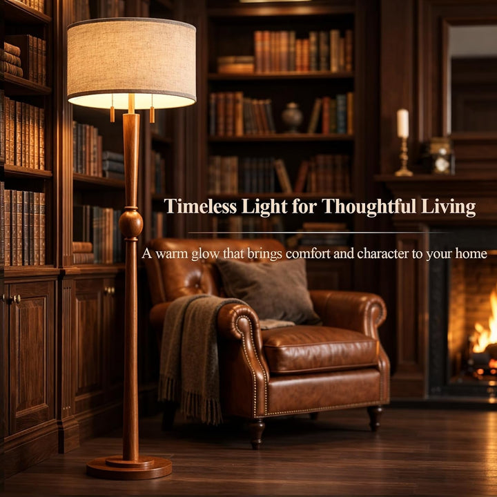 Solid Wood Floor Lamp for Living Room with Wooden Pull Chains | 62.8" Tall,Sculptural Wood Base & Stem,17" Linen Drum Shade,2-Light Standing Lamp for Bedroom & Reading Corner,Bulbs Included+2