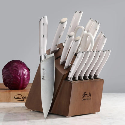 Alps Series German Steel Forged 17-Piece Knife Block Set, Acacia (White)7
