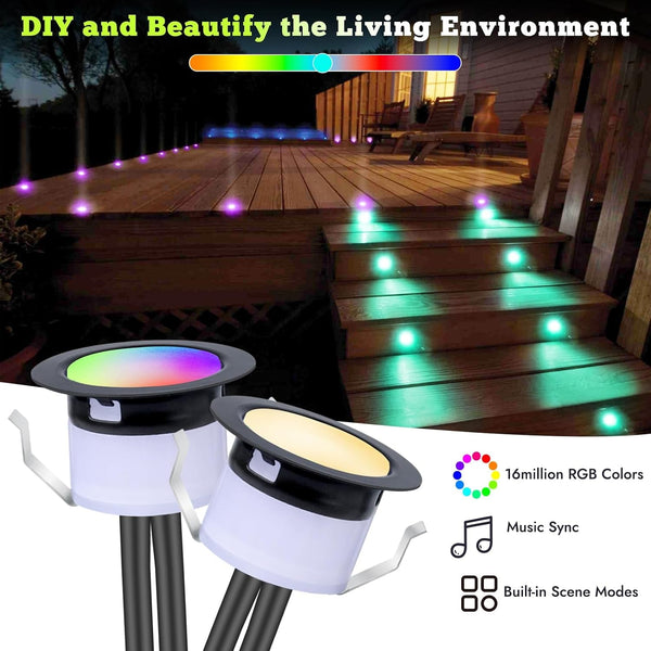 LED Deck Lights Kit, 50Pcs Φ1.22 Wifi Smart Phone Control Low Voltage Recessed RGBW Deck Lighting Waterproof Outdoor Yard Path Stair Decor, Black2