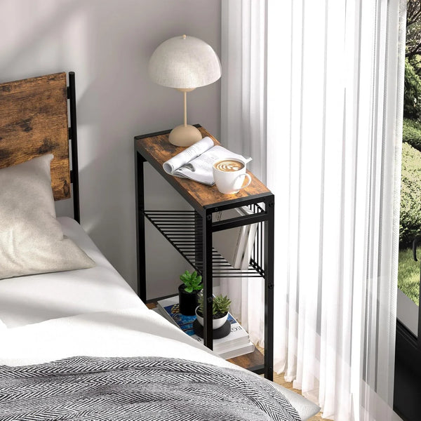 Small Side Table for Small Space, 3-Tier Narrow End Table with Magazine Holder,Slim Nightstand, Skinny Snack Couch Table in Living Room, Bedroom Study and Balcony (Rustic Brown &Black)6