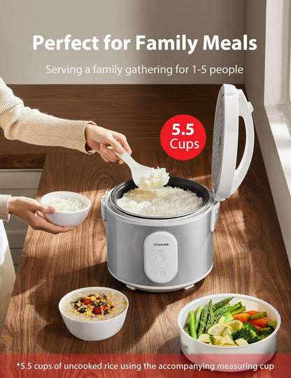 Rice Cooker & Steamer Simple 5.5 Cup(Uncooked) with Steaming Basket, Removable Non-Stick Inner Pot & Inner Lid, for Soups, Stews, Grains&Oatmeal, One Touch&Keep Warm Function, Silvery White5