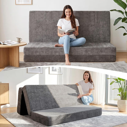 Cool & Breathable Chenille 6 Inch Memory Foam Foldable Futon Sofa Bed with Handles & Non-Slip Bottom, Covertible Sofa Bed for Guest, Camping, Dorm1