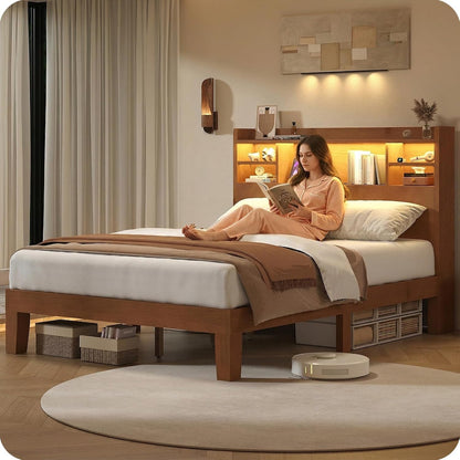 Queen Size Solid Wood Platform Bed Frame with LED Headboard, Remote & App Control, Dimmable & Color-Changing Lighting, Solid Pine & Oak Construction, No Box Spring Needed, Natural Oak Finish9
