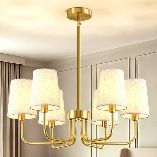 6-Light Gold Chandelier for Dining Room, No Assembly Modern Chandelier Light Fixture with White Linen Shades, UL Listed 25" Farmhouse Brass Dining Room Light Fixture Bedroom Entryway Foyer1