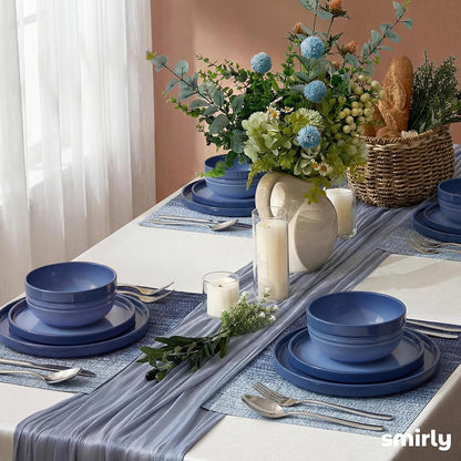 Stoneware Dinnerware Set for 4, 12 Pcs Plates and Bowls Set, Blue7